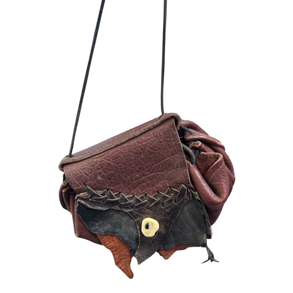 Handmade Artisan Leather Crossbody Pouch Bag Brown Patchwork Bone Button Boho - Picture 15 of 16